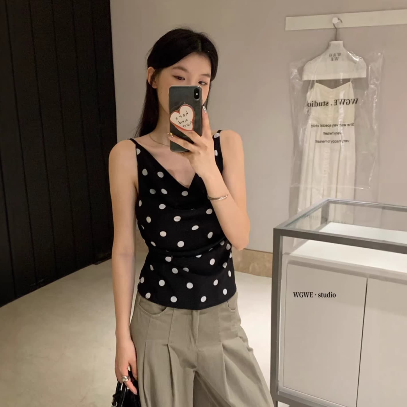 WGWE 2026 Summer Pure Sexy Pleated Polka Dot Camisole Top for Women, Draped Neckline, Slim Fit, Versatile