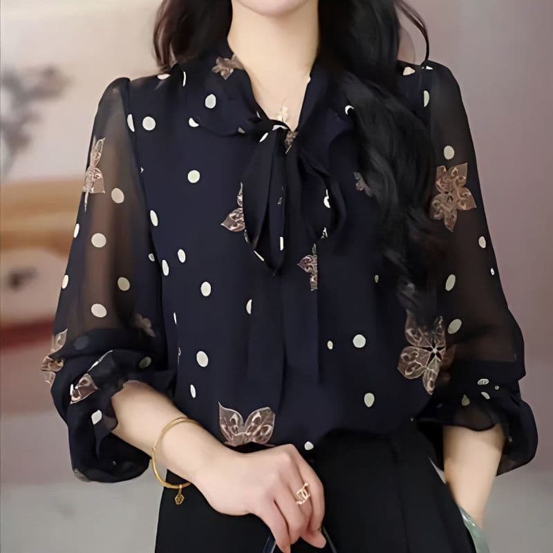 Women's Polka Dot Chiffon Blouse with Ribbon Trim, New 2025 Spring Top, Printed Ruffled Shirt for Middle-Aged and Elderly Women