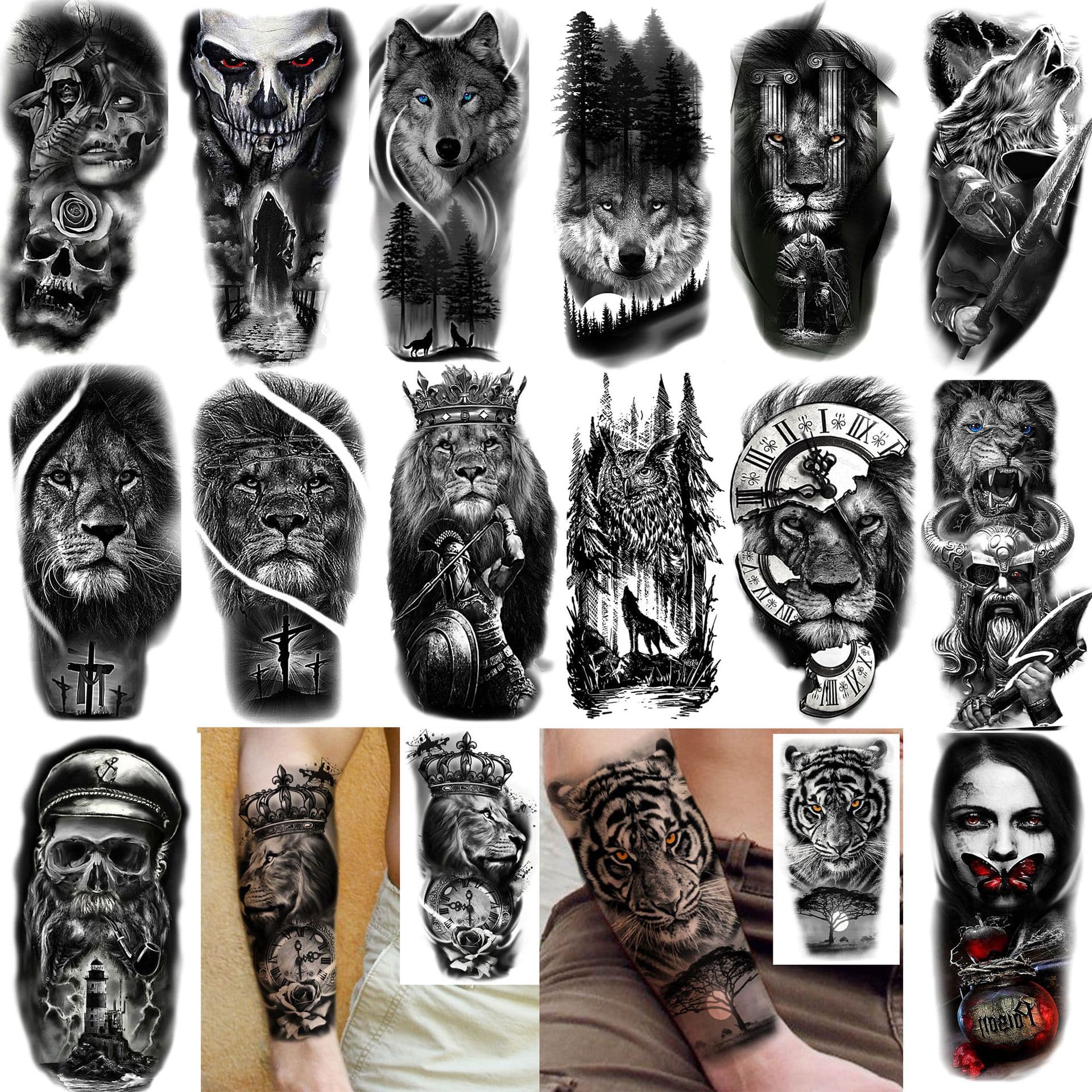 Cross-Border Black and White Animal Skull Tattoo Sticker Realistic Arm Leg Temporary Tattoo Sticker TEMU European and American Tattoo