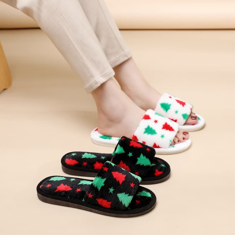 Christmas Tree Slippers, Fuzzy Slippers for Women, New Fall 2023 Plush Indoor/Outdoor One-Strap Cotton Slippers for Air-Conditioned Rooms