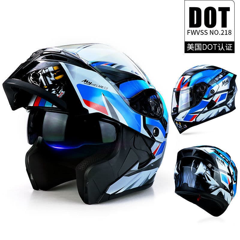 3C Certified Reversible Helmet Double Lens Men's Motorcycle Helmet Motorcycle Full Helmet Safety Headgear Women's Four Seasons Winter Bluetooth Machine
