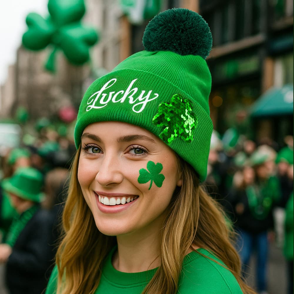 Cross-border New St. Patrick's Knit Beanie Irish Embroidery Hat Green Warm Hat Theme Party Costume Prop