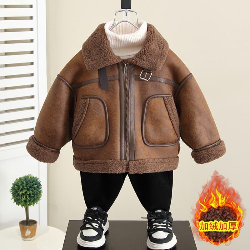 4590 Boys' Fleece-Lined Leather Jacket, Autumn/Winter Style, 2025 New Children's Clothing, Winter Wear, Thickened with Fur Lining for Babies