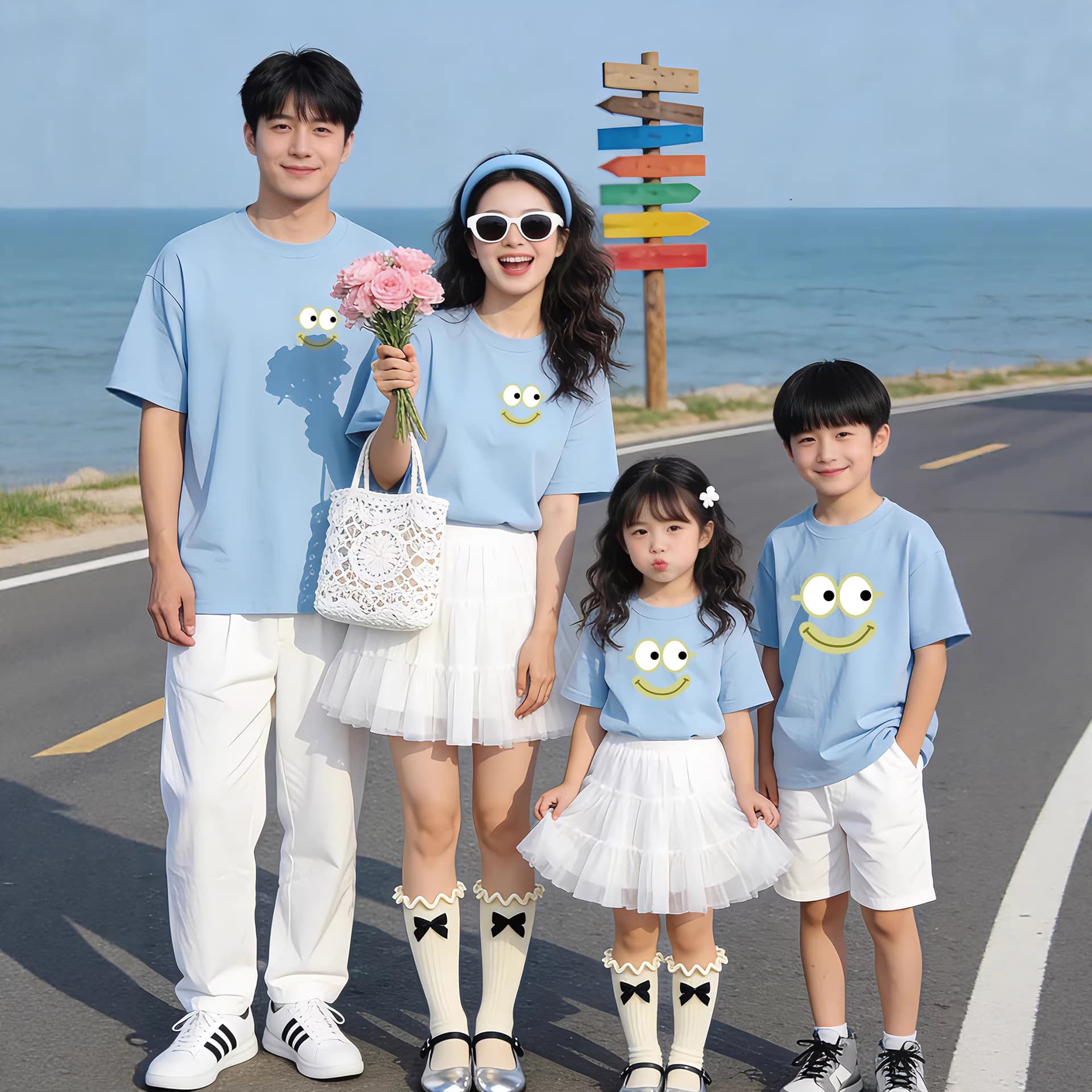 Cute big-eyed pure cotton T-shirt, summer Korean style cartoon print, mother and daughter matching outfit, short-sleeved, versatile, base layer.