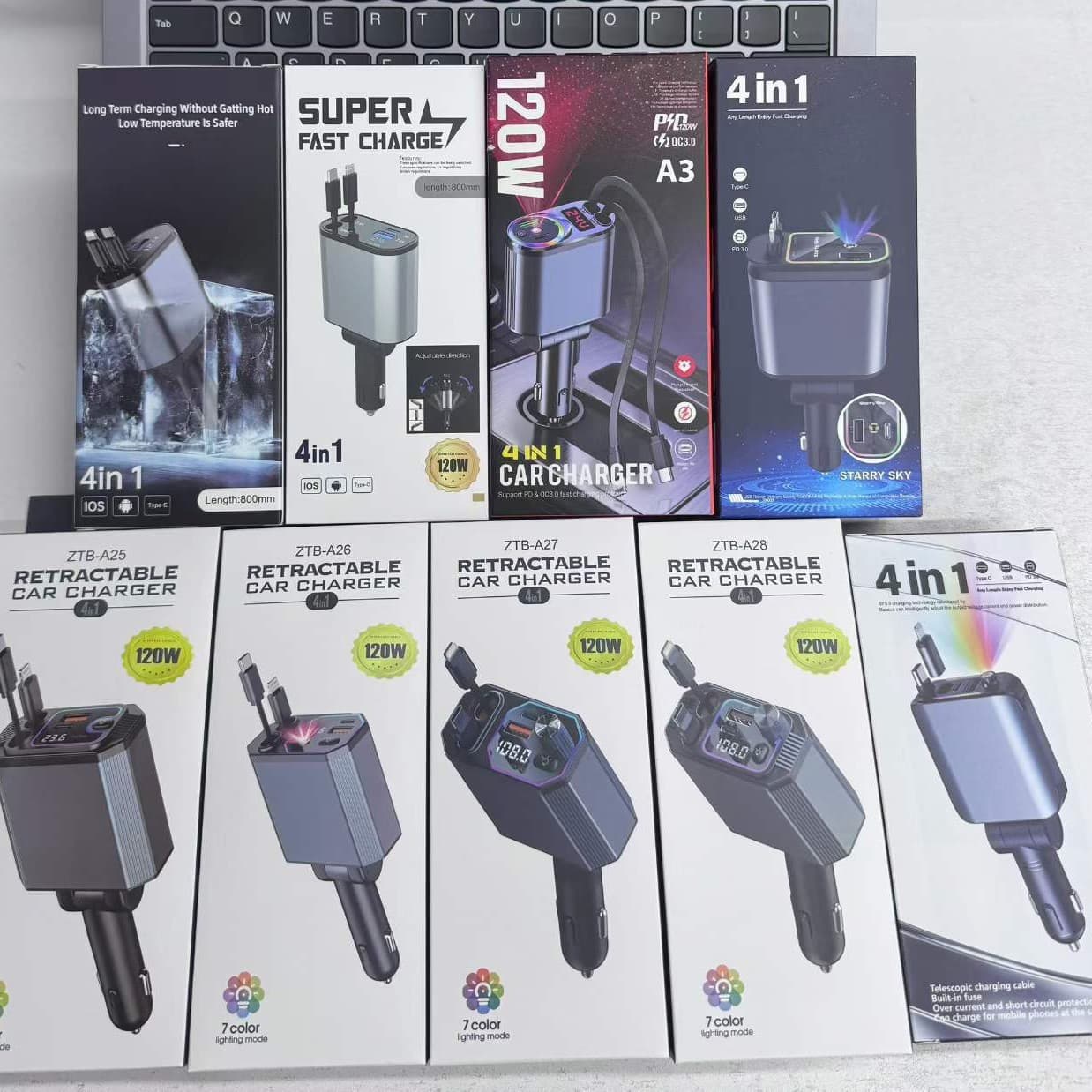 New A26 Car Phone Charger 120W with Built-in Dual Retractable Cables, 4-in-1 Starry Sky Light, Super Fast Charging