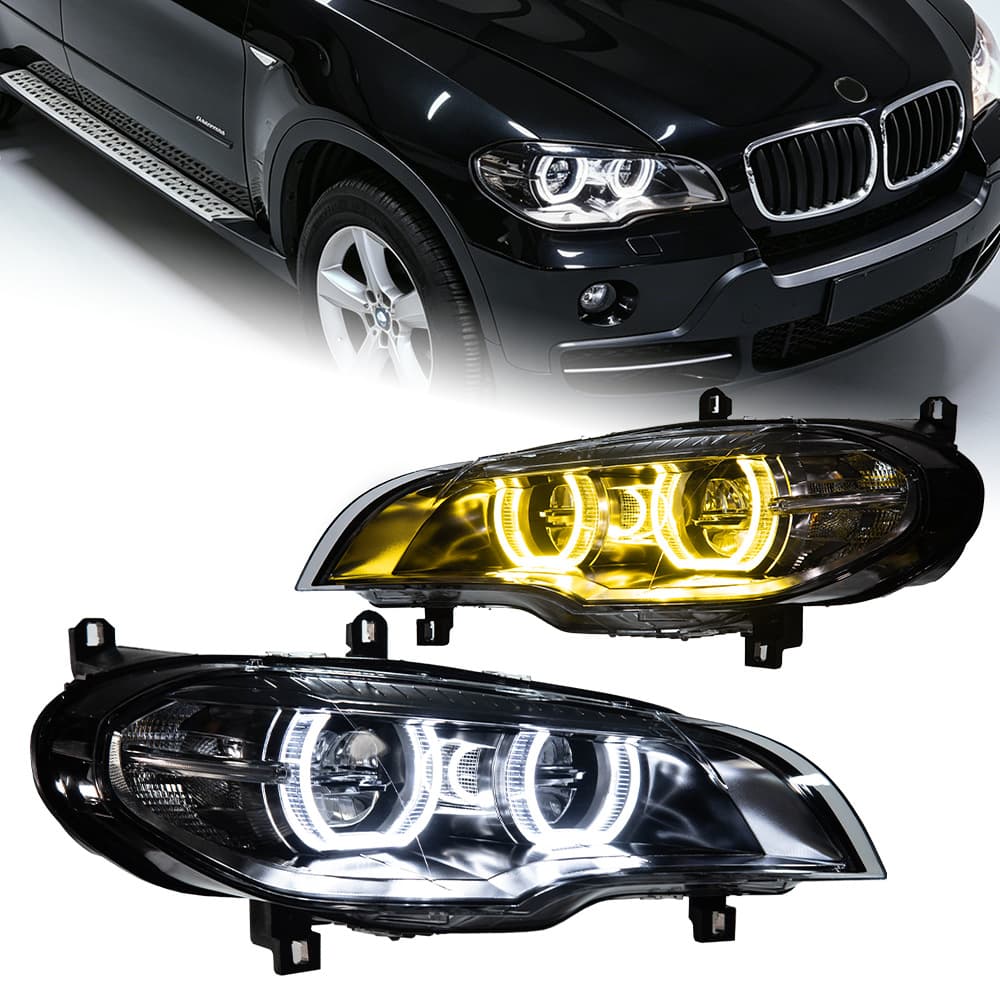 For 07-13 BMW X5 E70 Headlight Assembly Modified LED Dual-Color Angel Eye Daytime Running Light Turn Signal