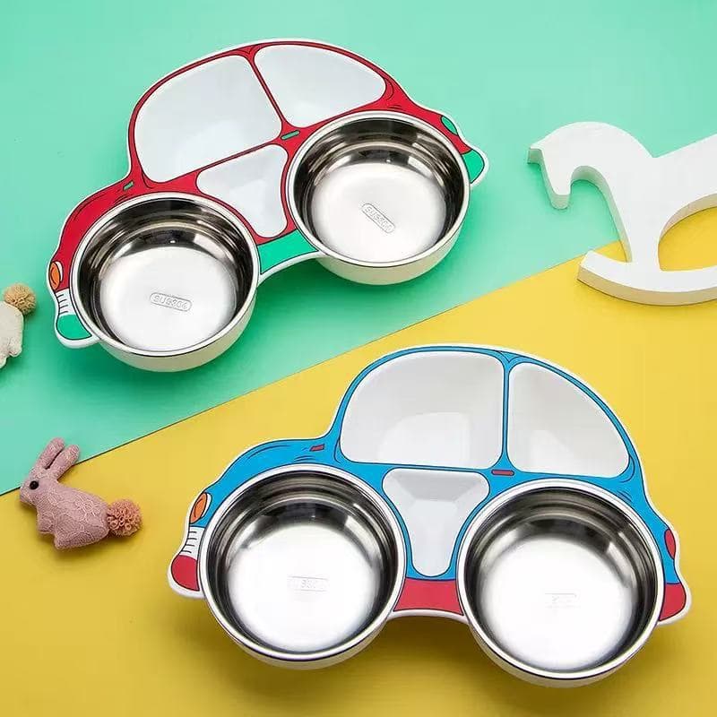Cross-border 304 Stainless Steel Kids Spoon and Fork Set, Car-Shaped Divided Baby Plate, Cartoon Kindergarten Dining Plate