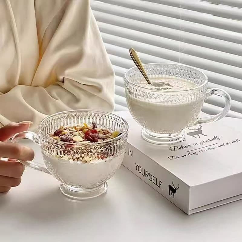 New Retro Large Handle Glass Cup with Sunflower Stripe and Leaf Pattern, Oatmeal Milk Breakfast Cup