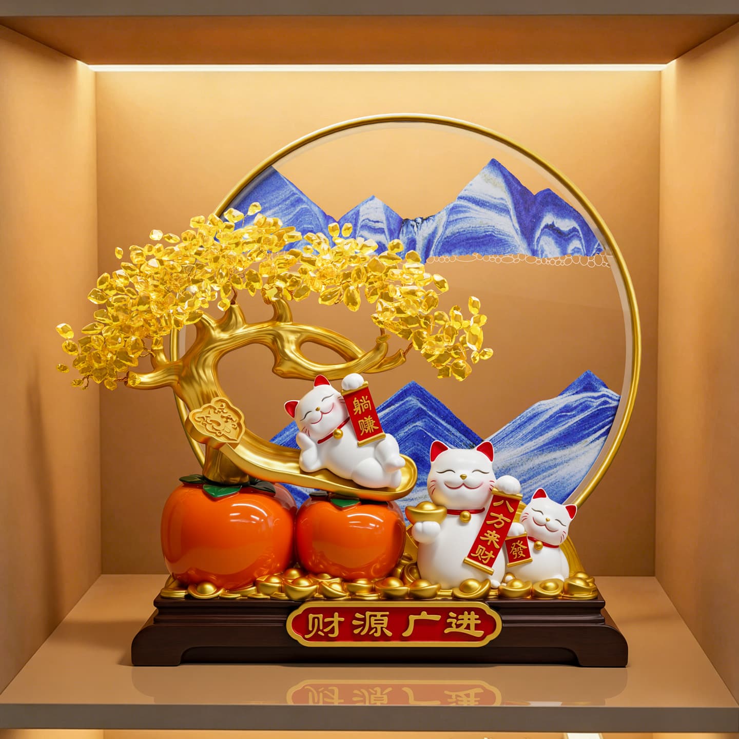 New Chinese Style Persimmon Wish Flowing Sand Painting Lucky Cat Desktop Decoration Cash Register Front Desk Ornament Grand Opening Housewarming Gift