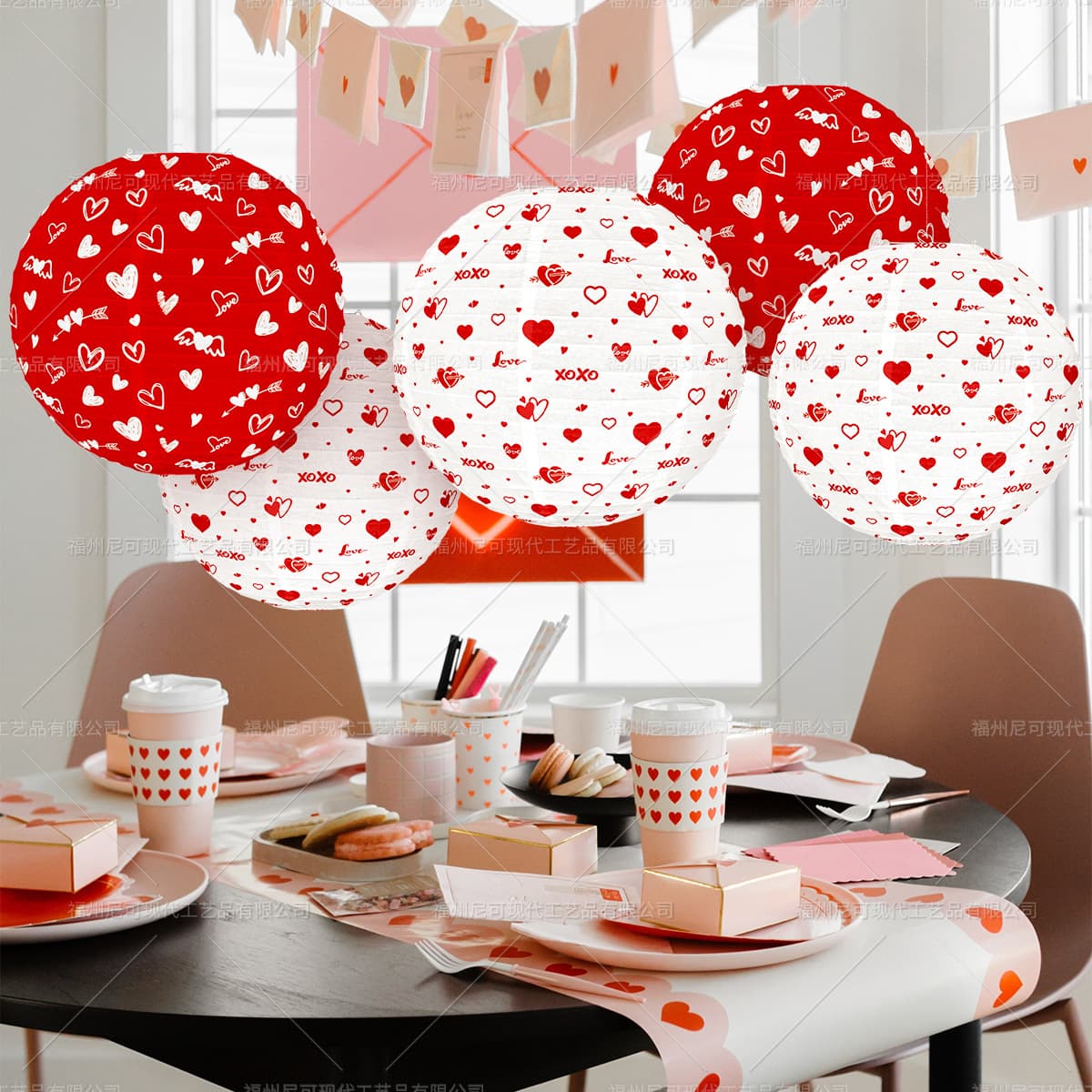 Valentine's Day heart-shaped lantern decorations, Qixi Festival themed wedding party hanging paper lanterns, wedding room decoration supplies