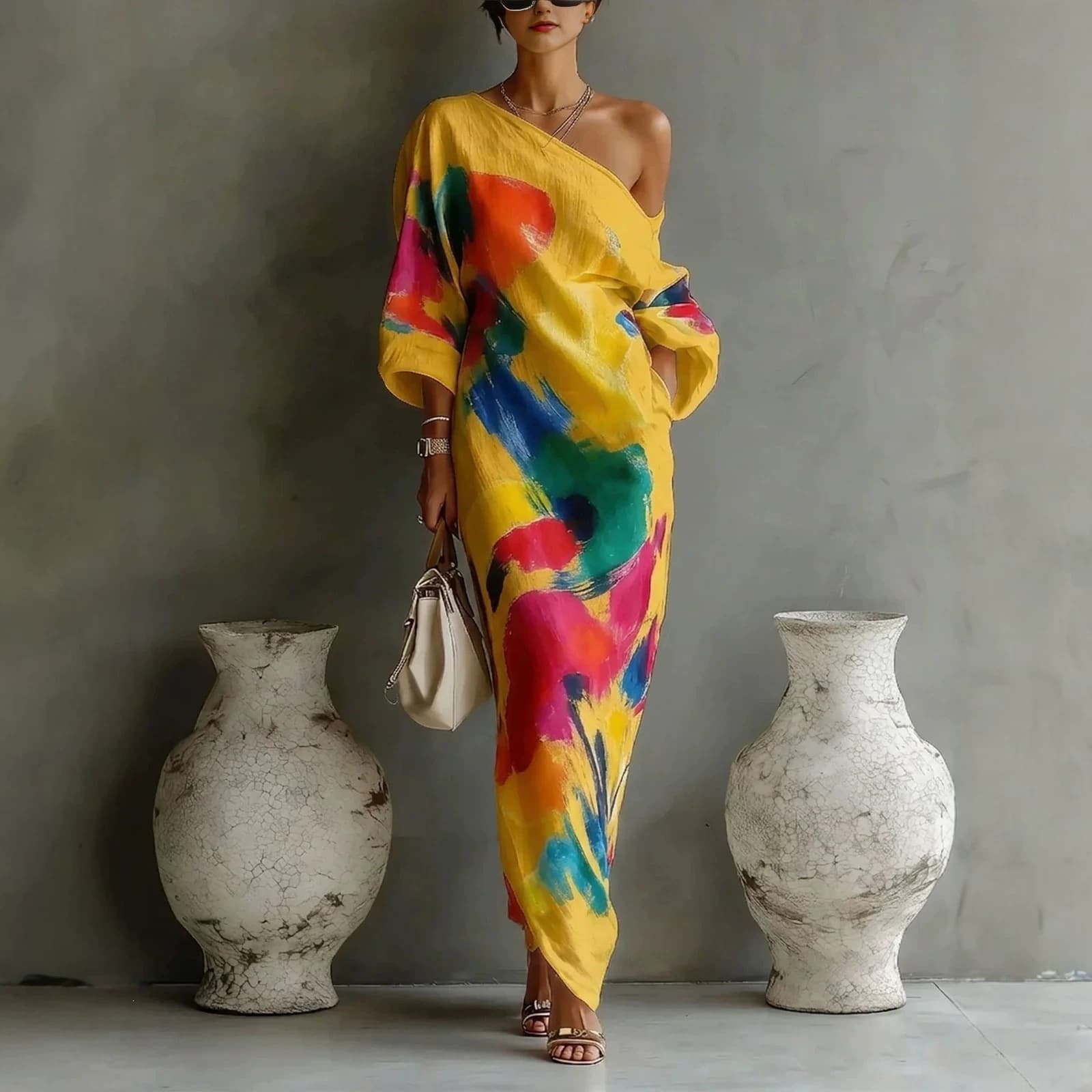 French-style sophisticated outfit set, women's summer new printed plus-size dress