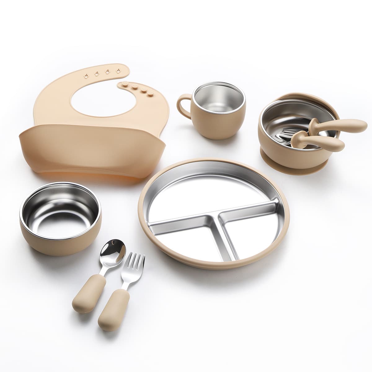 Children's silicone tableware set stainless steel fat reduction plate removable silicone suction cup set baby feeding tableware wholesale