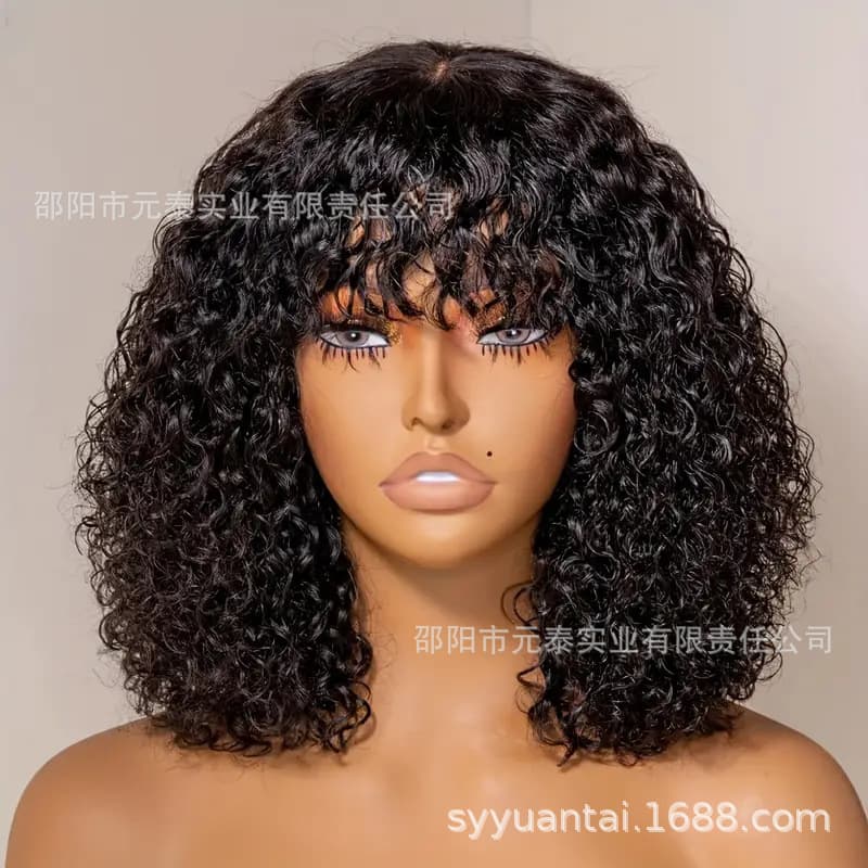 Curly Wig with Bangs Virgin Human Hair Wig Bangs for Women