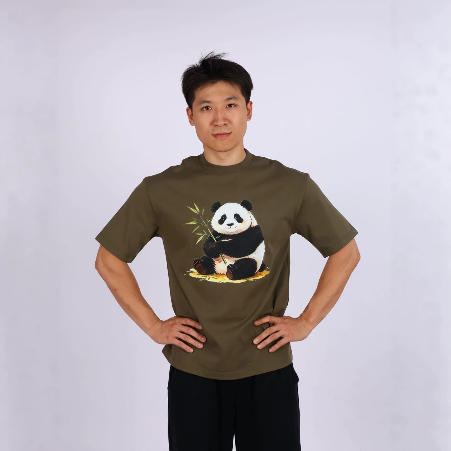 Chinese Trendy Cute Panda Print Round Neck T-Shirt Military Green Ins Street Style Oversized Short Sleeve Unisex