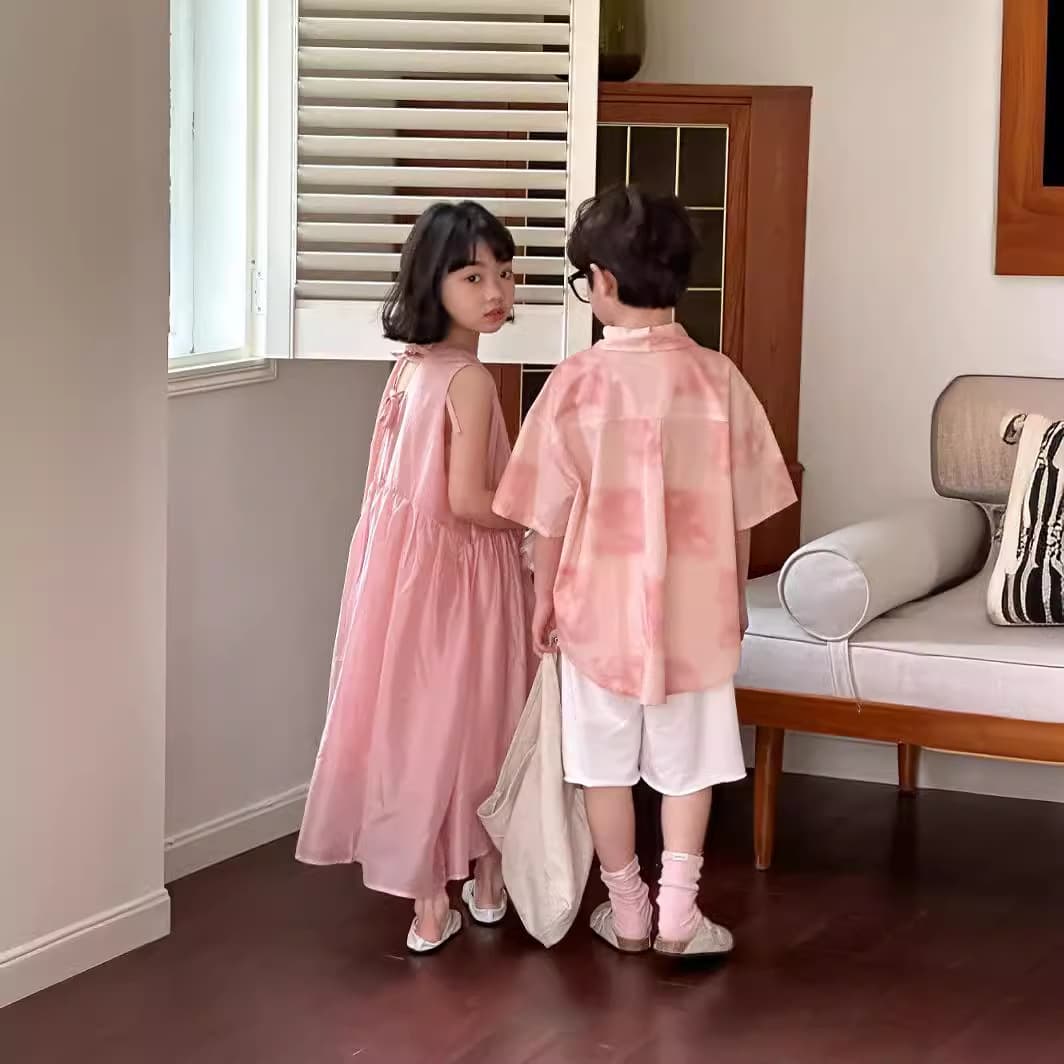 Pink Korean Style Children's Outfit with Belt Short Sleeve Dress And Shorts Two-Piece Set for Boys And Girls Summer Wear
