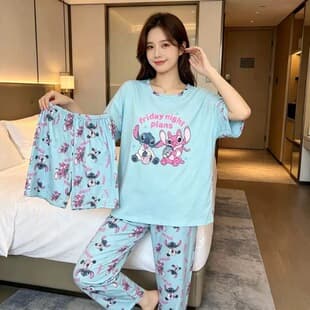 Cross-border Pajama Three-piece Set Milk Silk Short Sleeve Short Pants Long Pants Printed Cartoon Pattern Women's Loungewear Sleepwear