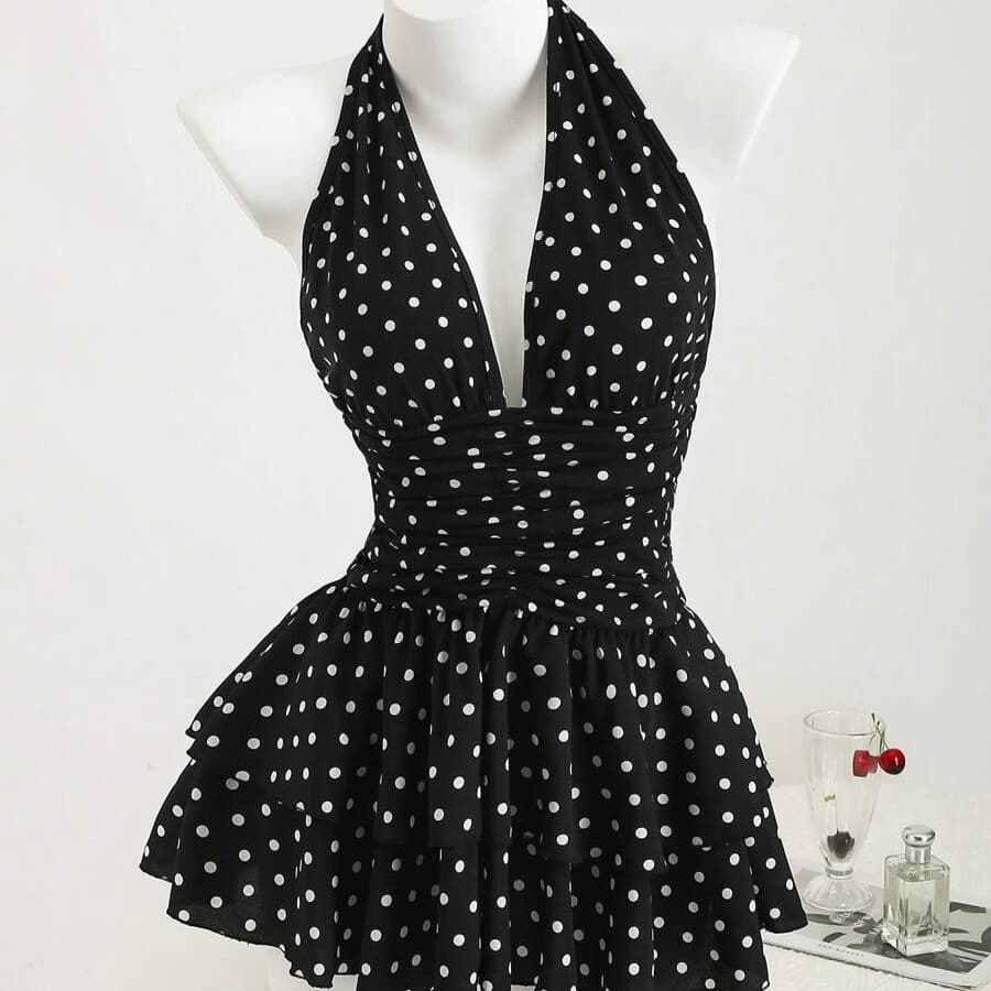 European and American Summer New Arrival Bud Dot Design Halter Sleeveless Sweet Hot Girl Backless Mini Dress Black