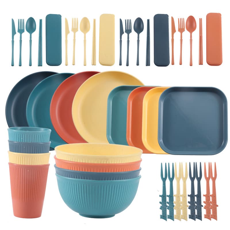 Amazon Cross-Border Exclusive Wheat Straw Dinnerware Set 44-Piece Plate Bowl Cup Set Slim Waist Design