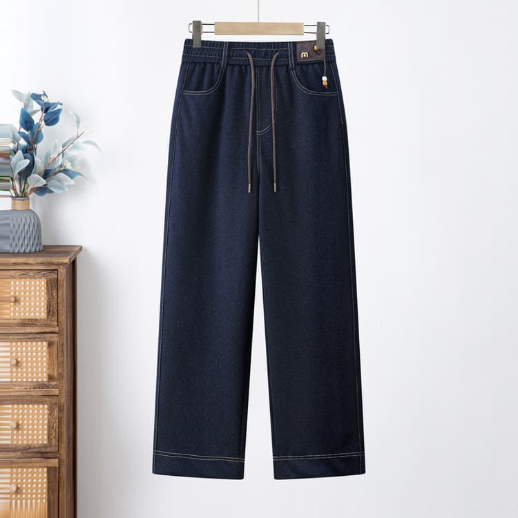 Mom's pants spring new style trousers, versatile denim casual pants, middle-aged and elderly women's elastic waist straight pants