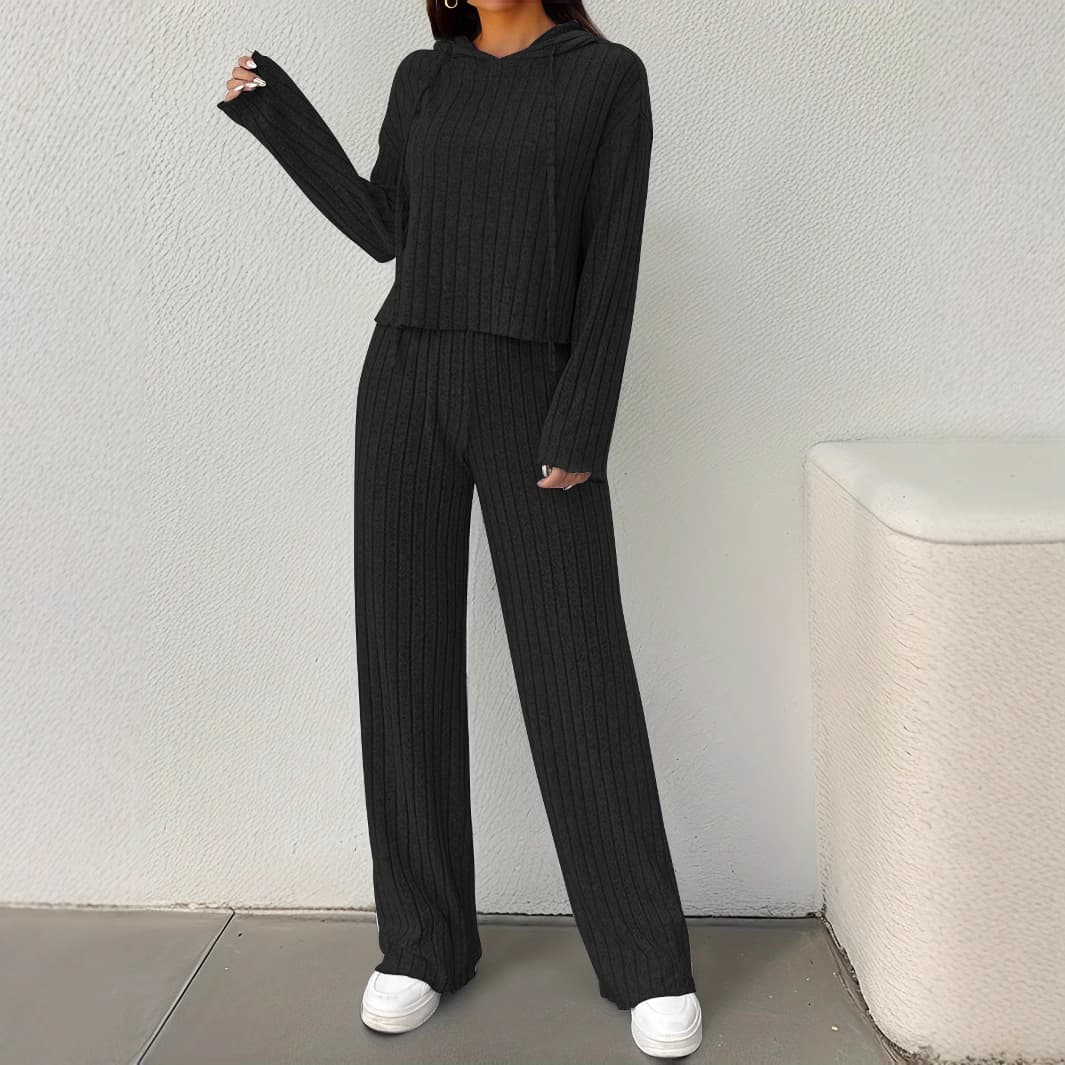 New Cross-Border Knitted Long-Sleeve Set for Women, Hoodie with Loose Pants, Two-Piece Home and Streetwear Outfit