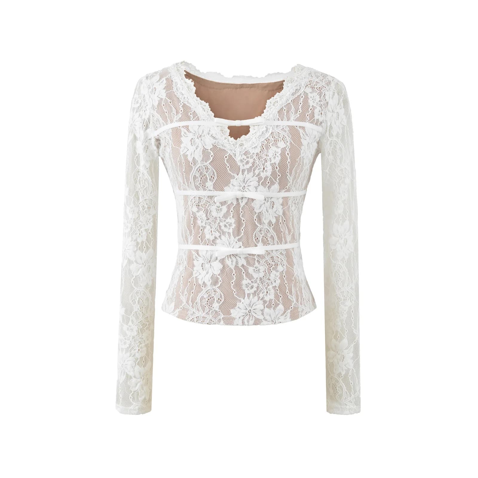 Pure and Seductive V-Neck Lace Panel Long-Sleeve Crop Top with Mesh Embroidery and Hollow-Out Slim Fit