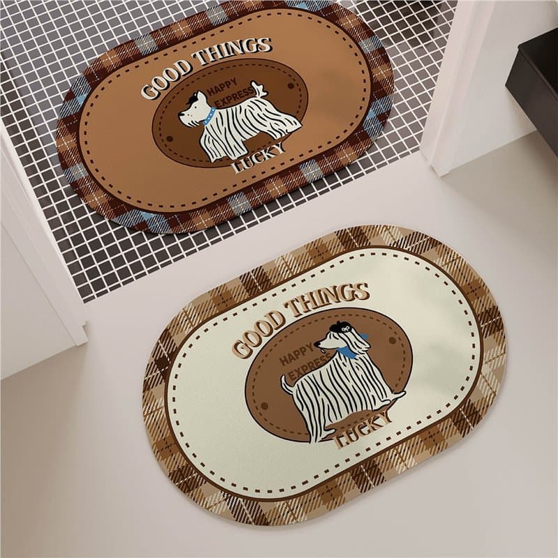 Retro British style puppy bathroom floor mat, diatomaceous earth material for quick water absorption and drying, anti-slip and anti-fall mat for toilet and bathroom entrances.