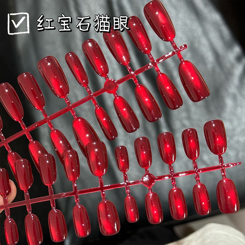Fall/Winter Ruby Red Cat Eye Press-On Nails, New Year Red Pure Gel Polish Sprayed Nail Tips, Pre-Made Artificial Nails
