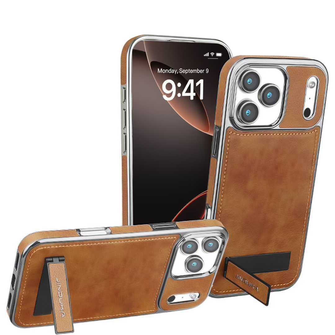 Compatible with iPhone 17 Pro Max Case with Stand, iPhone 16 Full Coverage Electroplated Anti-Drop 15 14 13 12 Men's Leather Case