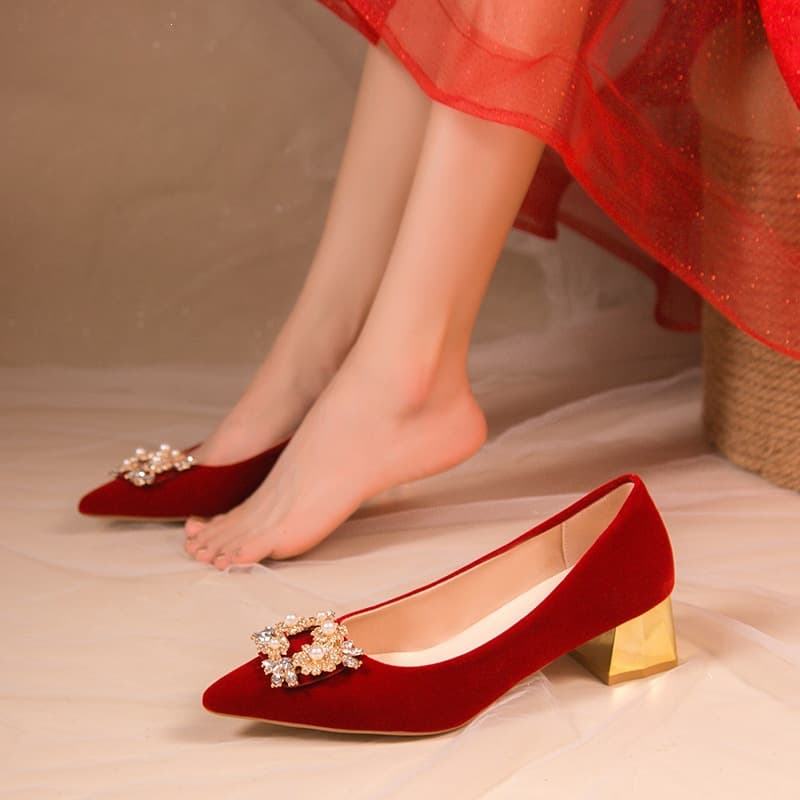 Korean-style Large Block Heel Wedding Shoes for Bride, Xiuhe Wedding Dress 2024 New Arrival, Comfortable Chinese-style High Heels