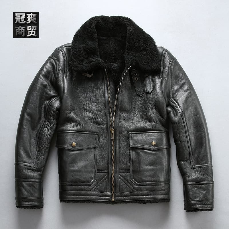 AVFLY Vegetable-Tanned Cracked Sheepskin Fur-Lined Men's Flight Jacket Genuine Leather Fur-Lined Bomber Jacket