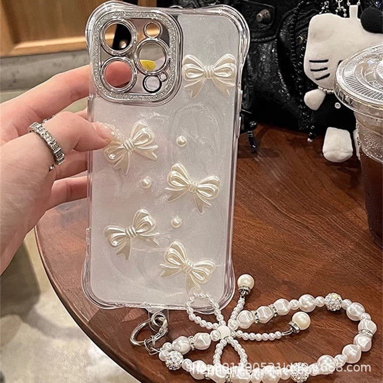 New Rhinestone Pearl Bow Phone Strap Keychain Bag Charm Anti-Drop Chain Handmade Beaded Phone Accessory