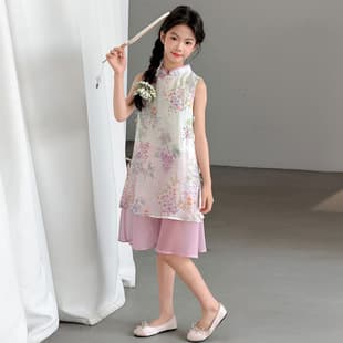 Summer Sleeveless Dress for Girls, Princess Dress, New Chinese Style Cheongsam, Hanfu, Trendy Kids Clothing