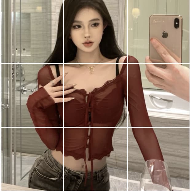 Sweet and Spicy Long-Sleeve T-Shirt for Women Summer Lace Mesh Sexy Slim Top 8950 Burgundy Mesh Panel Lace Top