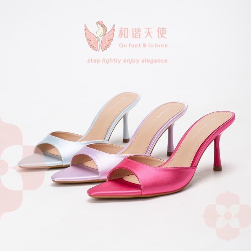 Summer Pointed Toe Open Toe High Heels Fashion Elegant Mule Slippers Women Satin Light Luxury Thin Heel High Heel Sandals Cross-border