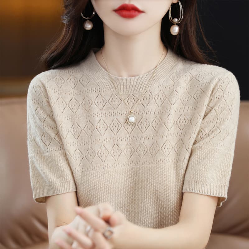 Mercerized Cotton Short-Sleeved T-Shirt for Women Summer New Round Neck Sweater Half-Sleeved Thin Cut Out Short Knitted Bottoming Top