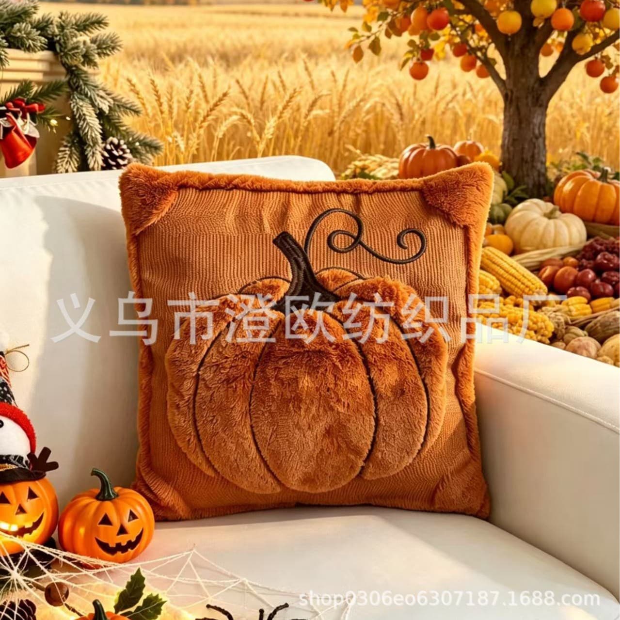 New Pv Velvet Quilted Plush Pumpkin Pillow Cover with 3D Embroidery, Sofa Cushion Cover Wholesale