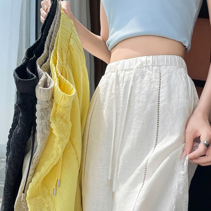 Cotton and Linen Wide-Leg Pants for Women 2026 New Style Lace Splicing Drawstring Thin Sun-Protection Casual Pants Floor-Length Straight Pants