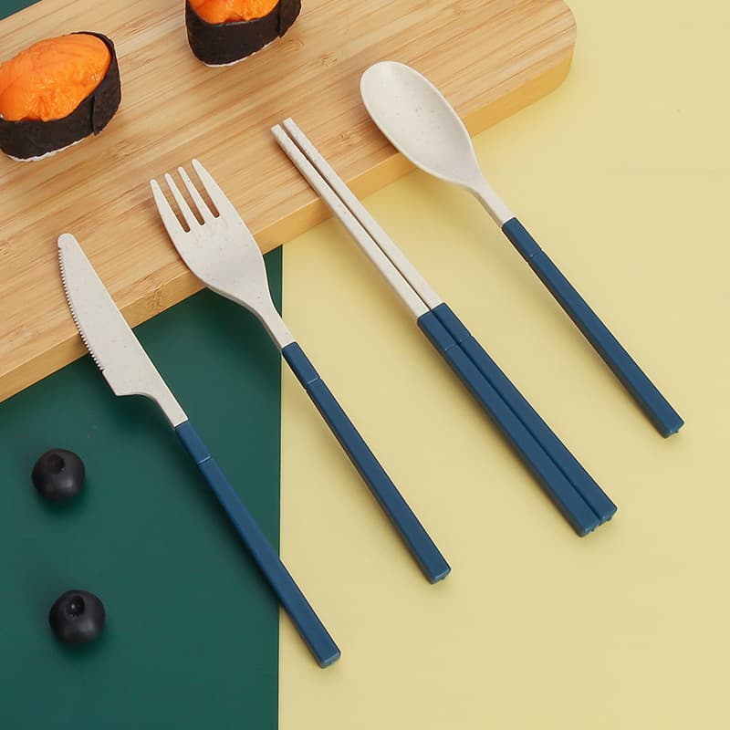 Wheat Straw Detachable Student Knife, Fork, Spoon, Chopsticks Cutlery Set, Portable Spoon, Outdoor Folding Gift Four-Piece Set