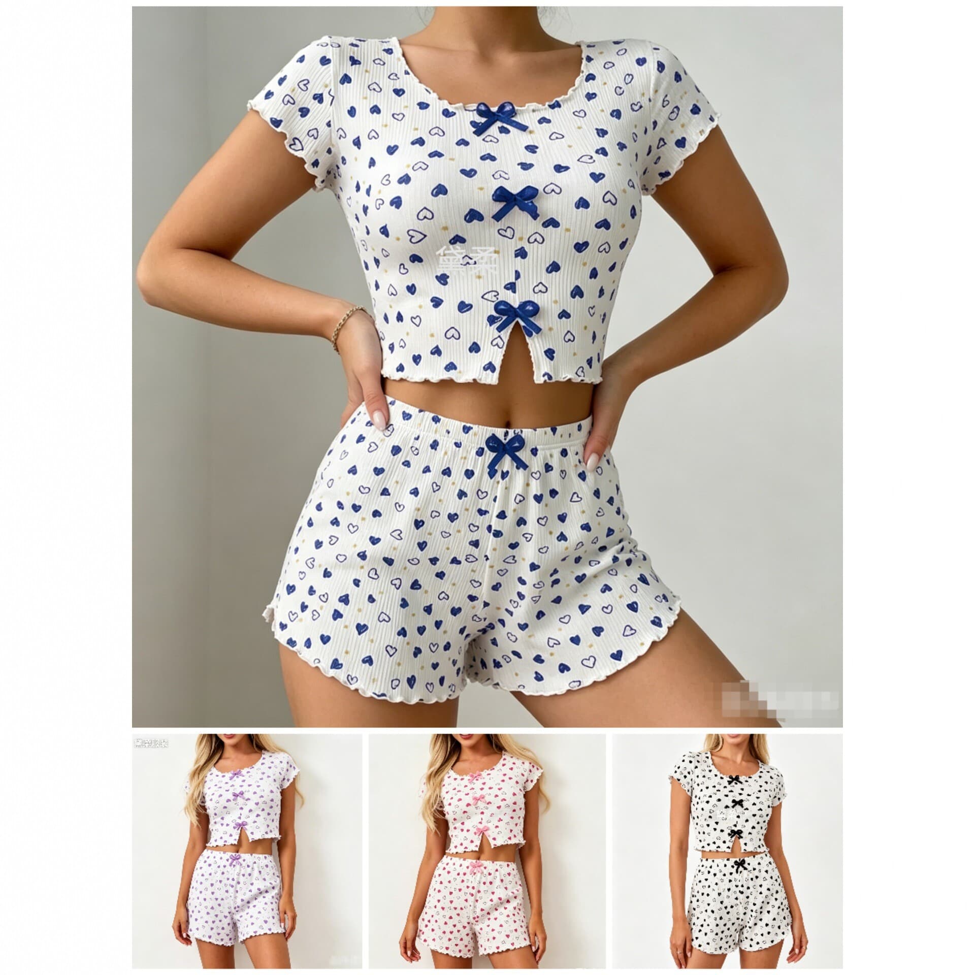 2025 New Heart Print Short Sleeve Shorts Set for Women Summer Cute Home Wear Outerwear Fashion Two-Piece Set