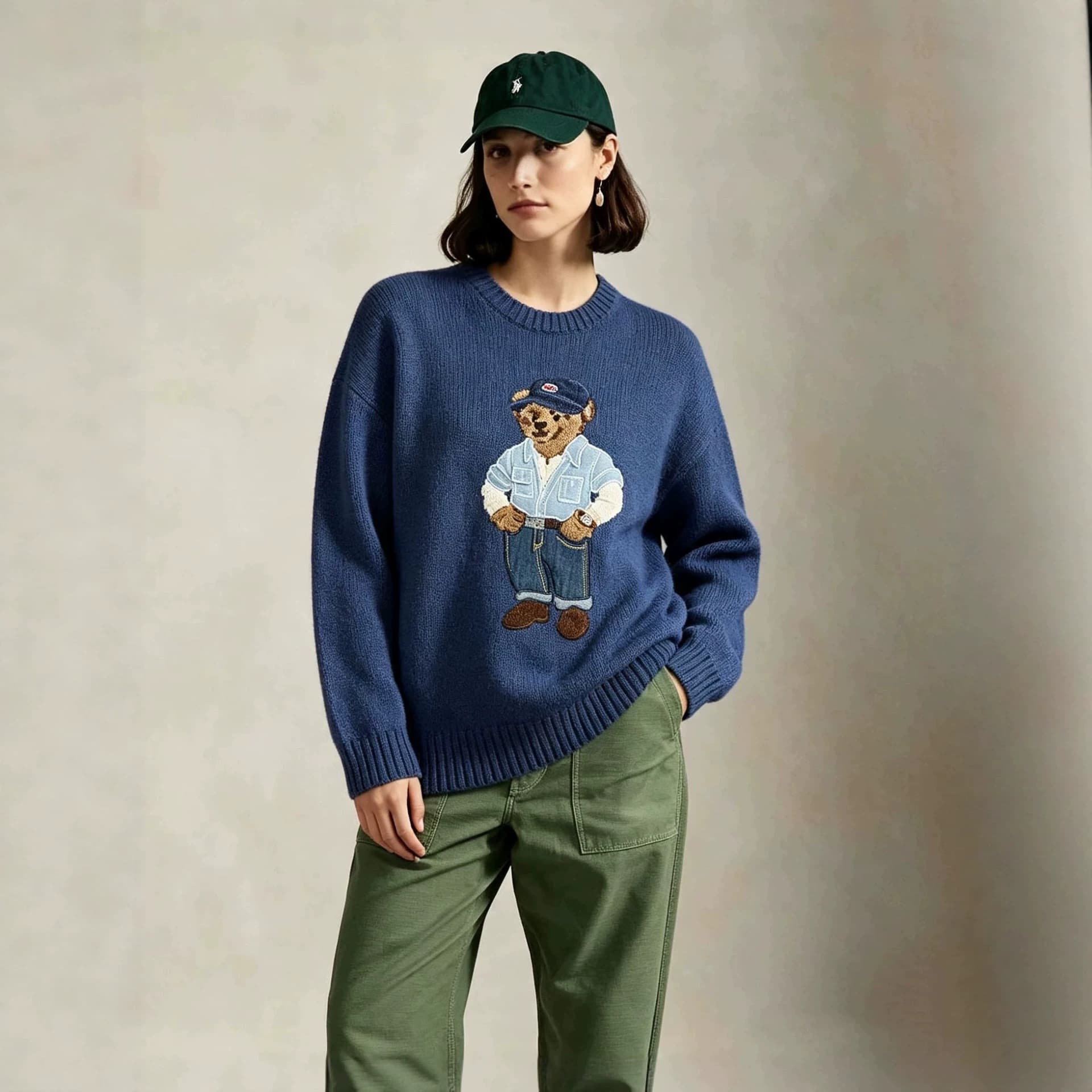 European and American 2026 cross-border women's clothing classic American embroidered cartoon bear doll long-sleeved versatile round neck non-knitted sweater
