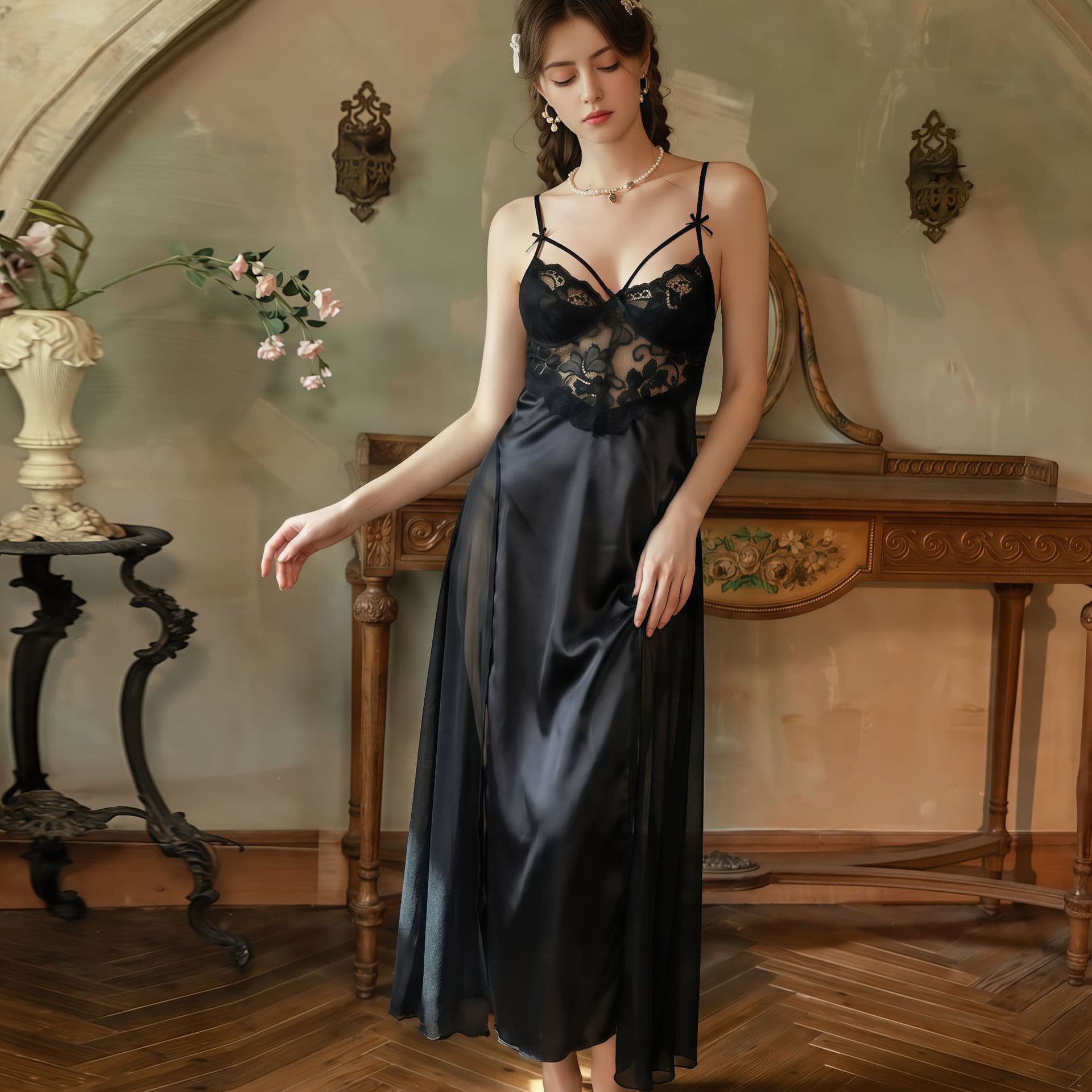Sexy Lace See-Through Push-Up Padded Plus Size Camisole Dress Women's Loungewear Sleepwear Nightgown