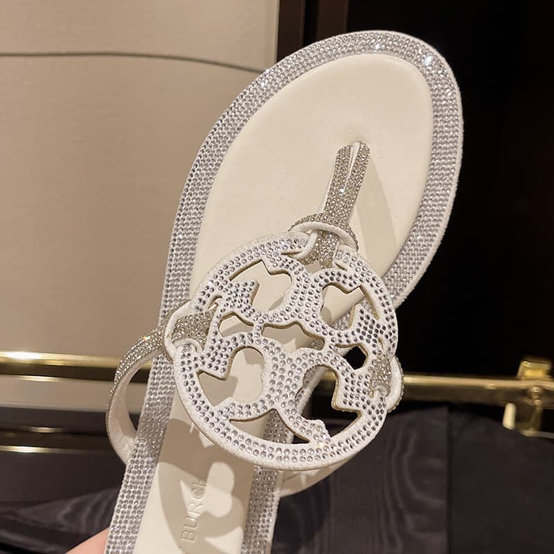 TB Leather Flip Flops with Rhinestone Embellishment Women's Sandals European and American Brand Flat Summer Slippers Cross-border