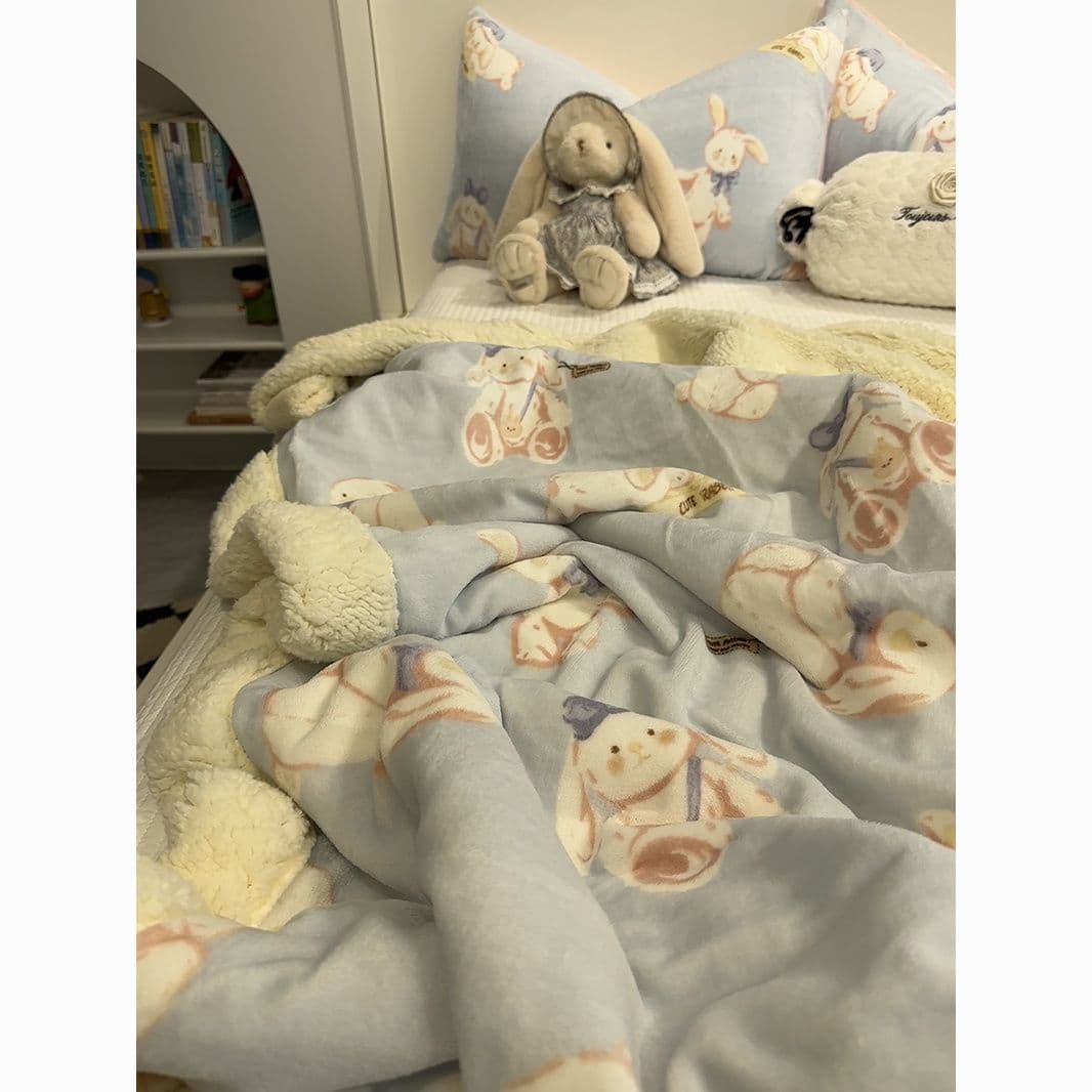 Girly Heart Cute Little Rabbit Design, Thick Lamb Fleece Double-Sided Milk Fleece Warm Sofa Throw Blanket