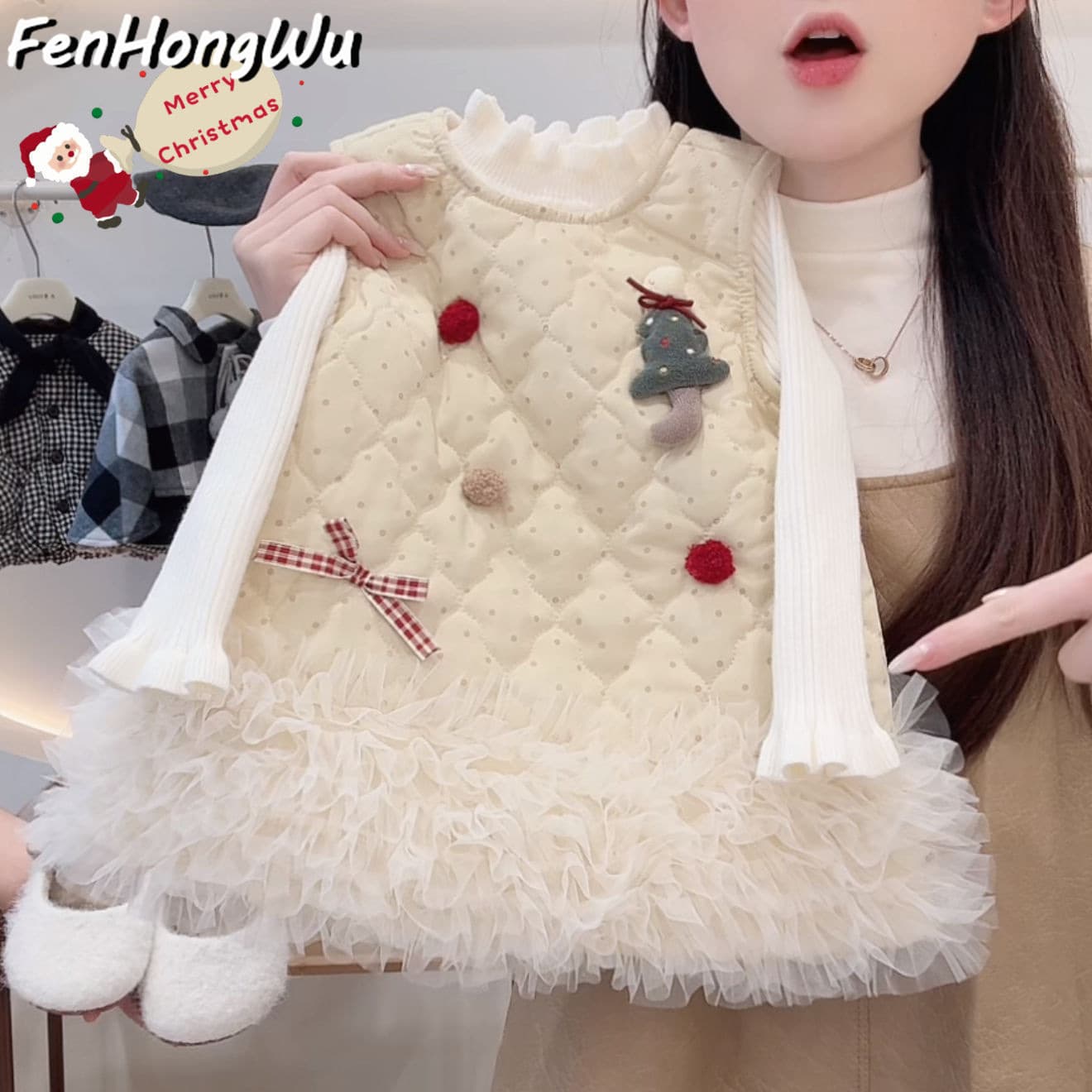 [Pink House] Girls' Dress Girls' Polka Dot Mesh Plush Skirt Christmas Fashionable Vest Dress Trendy
