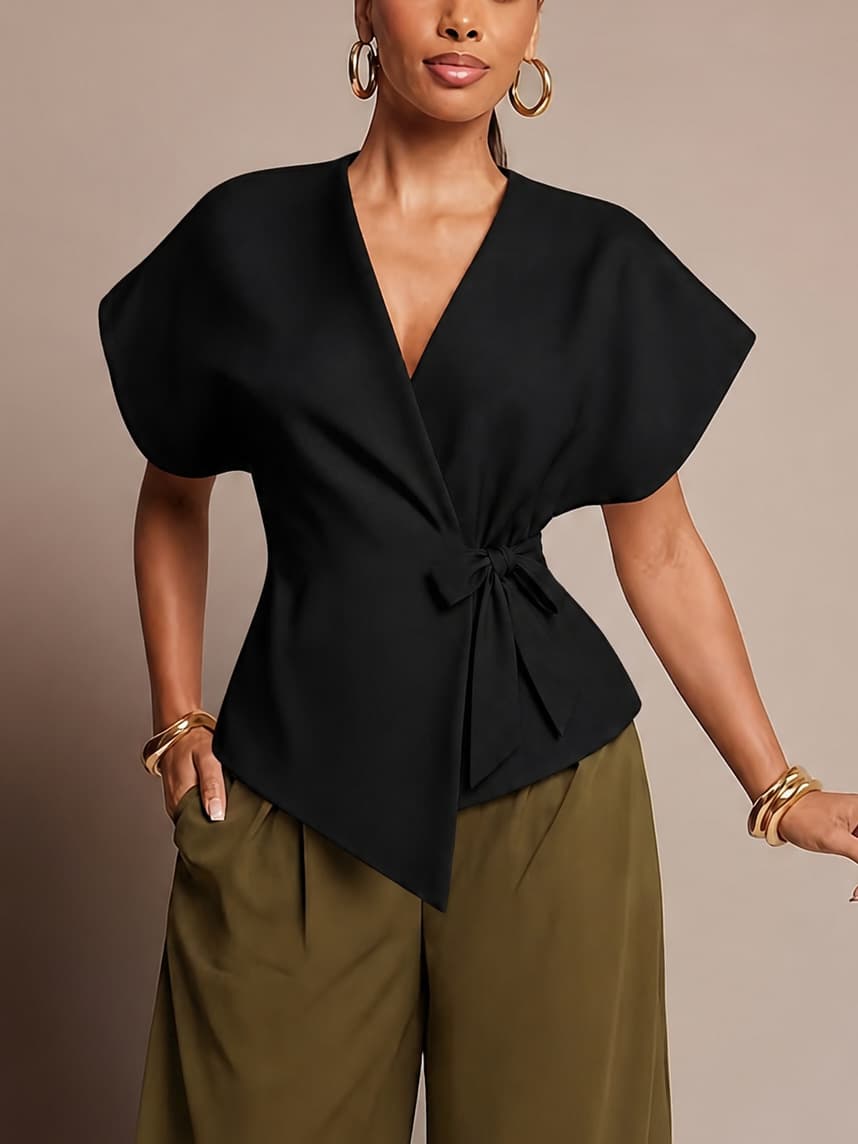 Cross-border Black V-Neck Waist-Cinching Blazer for Women, Batwing Sleeve Tie Bow Irregular Chic Commuter Blazer