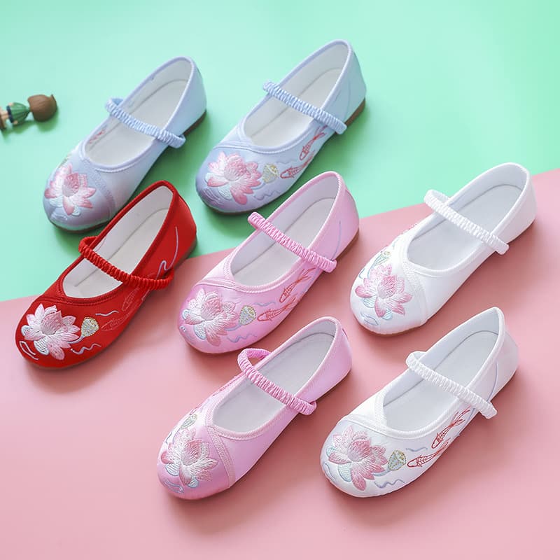 Girls' Hanfu Shoes, Chinese Style Children's Embroidered Shoes, Ancient Costume Baby Old Beijing Ethnic Cloth Shoes, Student Princess Shoes