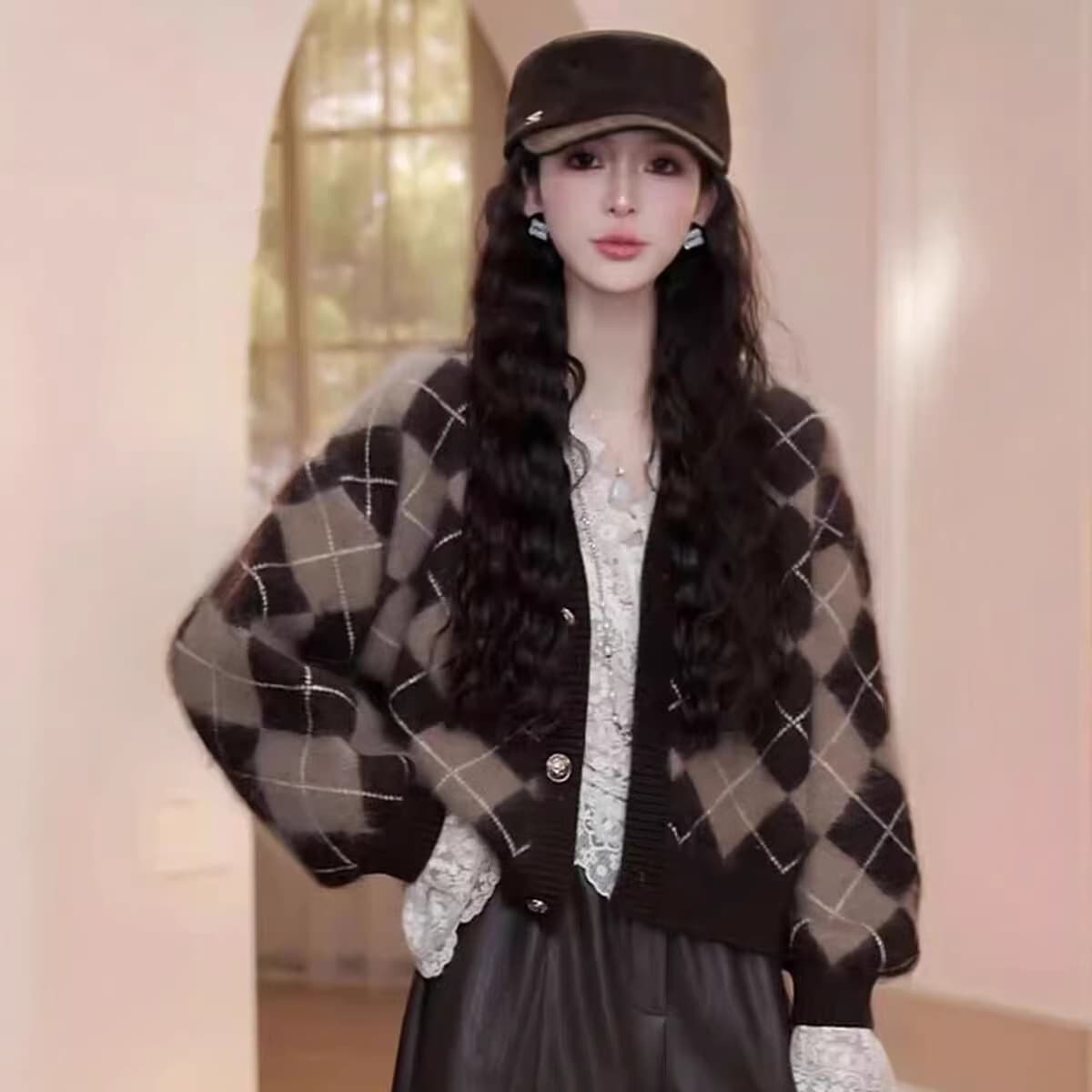 Gejia Boutique Quality Autumn/Winter New Lazy Style Design Contrast Color Diamond Grid Soft Knit Cardigan