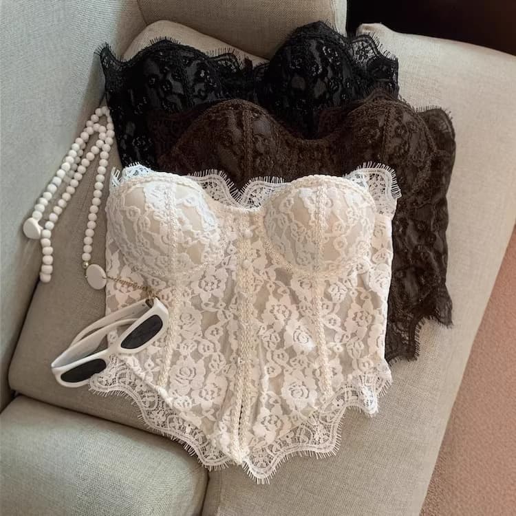 Hot Girl French-Style Fishbone Lace Camisole with Chest Pads, New Style Sleeveless Tube Top Short Top