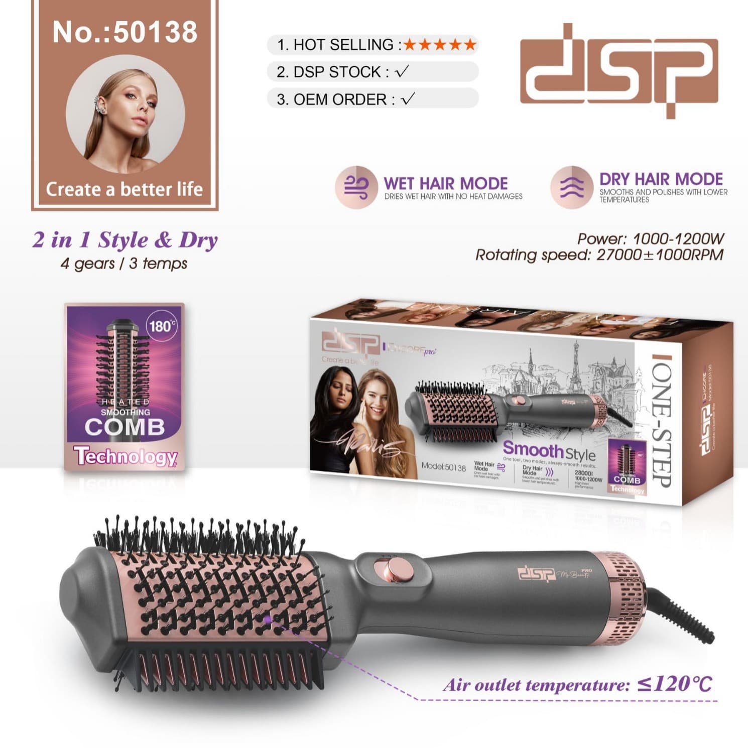 DSP Dansong Hair Straightening Brush, Wet and Dry Use, Hair-Friendly Styling Comb, Home Hairdressing Comb for Women