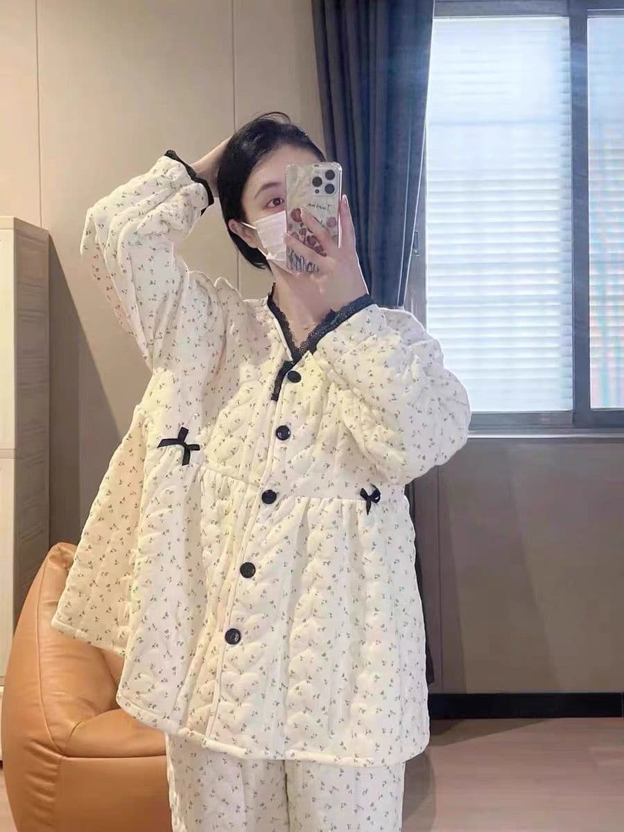 Autumn/Winter Small Floral Maternity Robe, Air-Cotton, October Pregnancy Postpartum Nursing Pajamas, Pure Cotton Thick Nursing Set